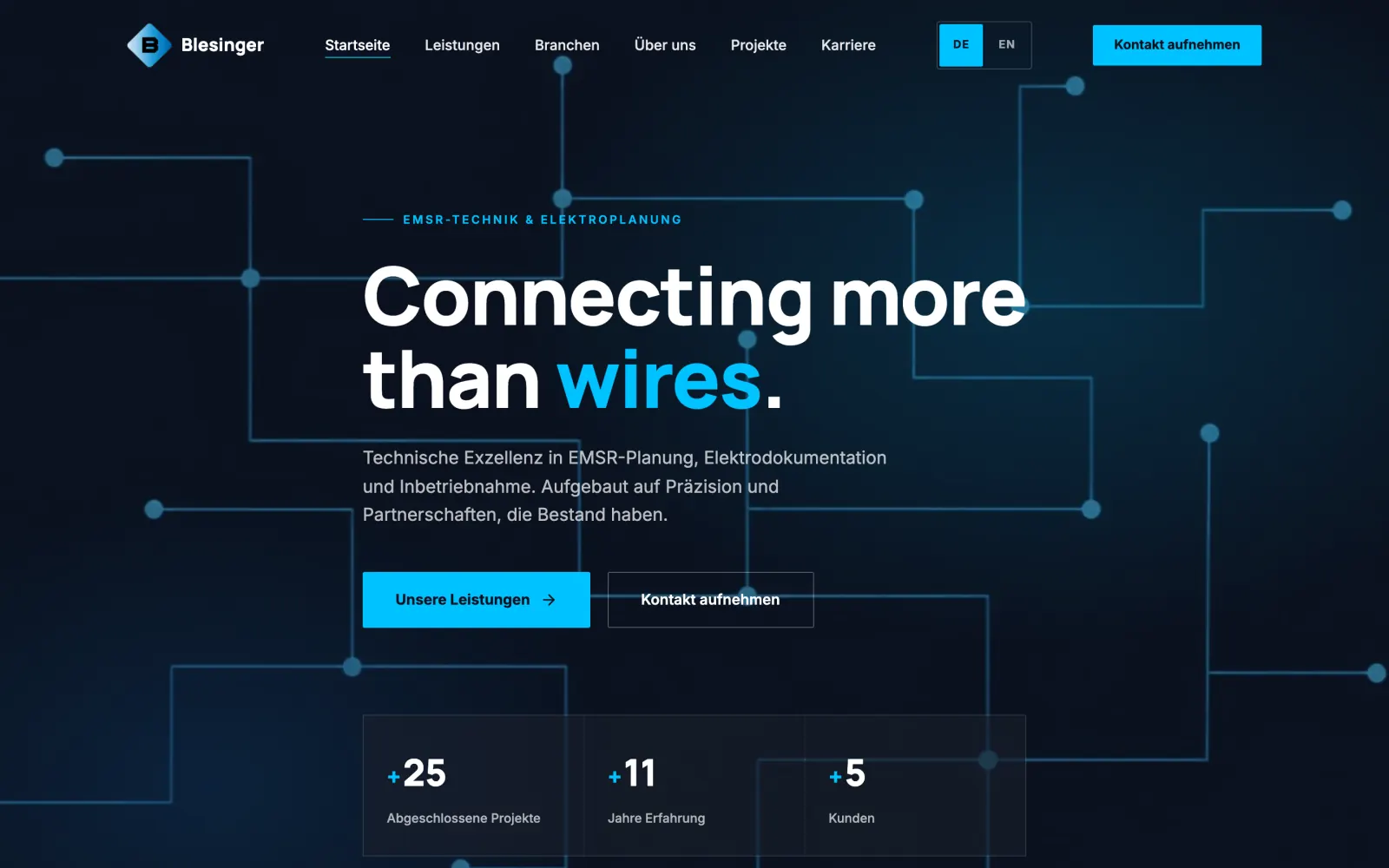 Startseite von ib-blesinger.com am Rechner: dunkelblauer Kopfbereich mit Leuchtlinien und der Überschrift „Connecting more than wires.“